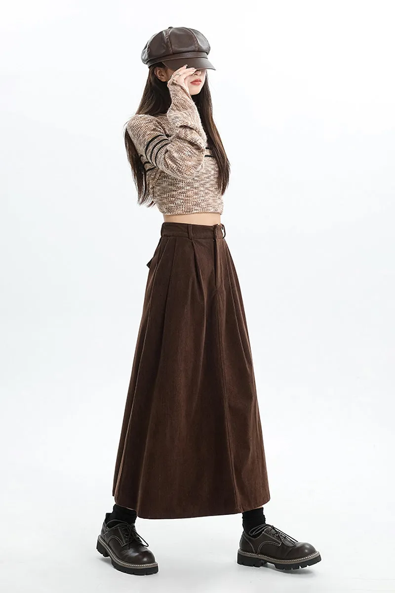 High Waist Button Front Brown Midi Corduroy Skirt